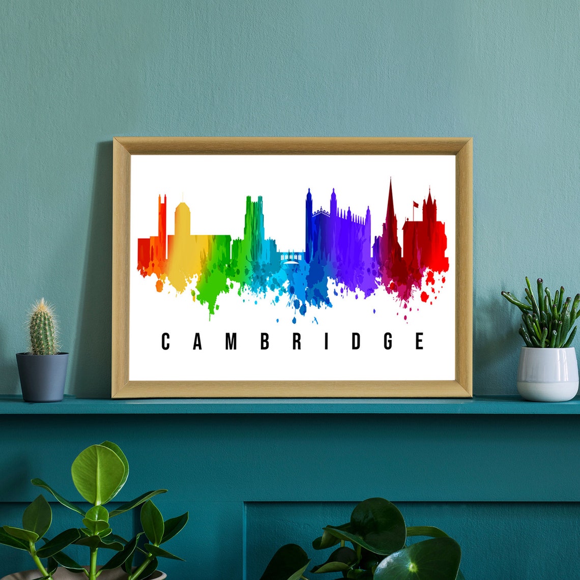 Cambridge England Rainbow Watercolor Skyline College Spires Art Poster - Image 3