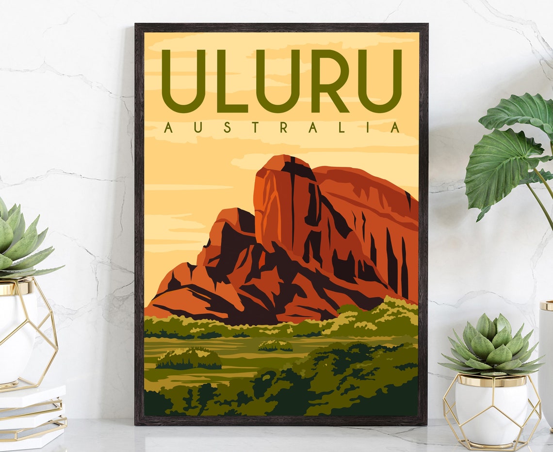 Uluru Australia Red Rock Desert Retro Vintage Travel Wall Art Poster