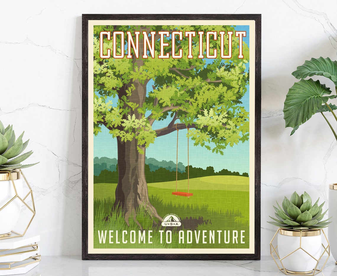Connecticut Oak Tree Tire Swing Meadow Retro Adventure Travel Poster