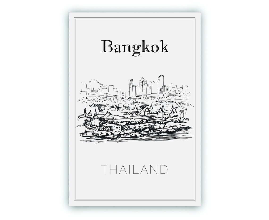 Bangkok Thailand Grand Palace Temple River Skyline Sketch Poster - Image 2