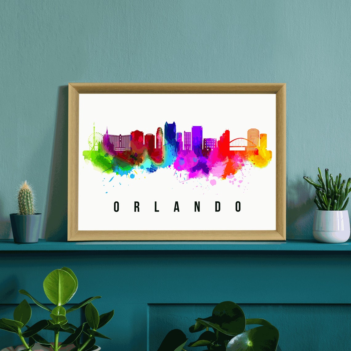 Orlando Florida Rainbow Watercolor Downtown Skyline Travel Poster - Image 3