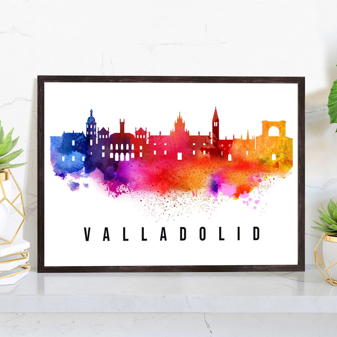 Valladolid Spain Rainbow Watercolor Skyline Silhouette Art Poster