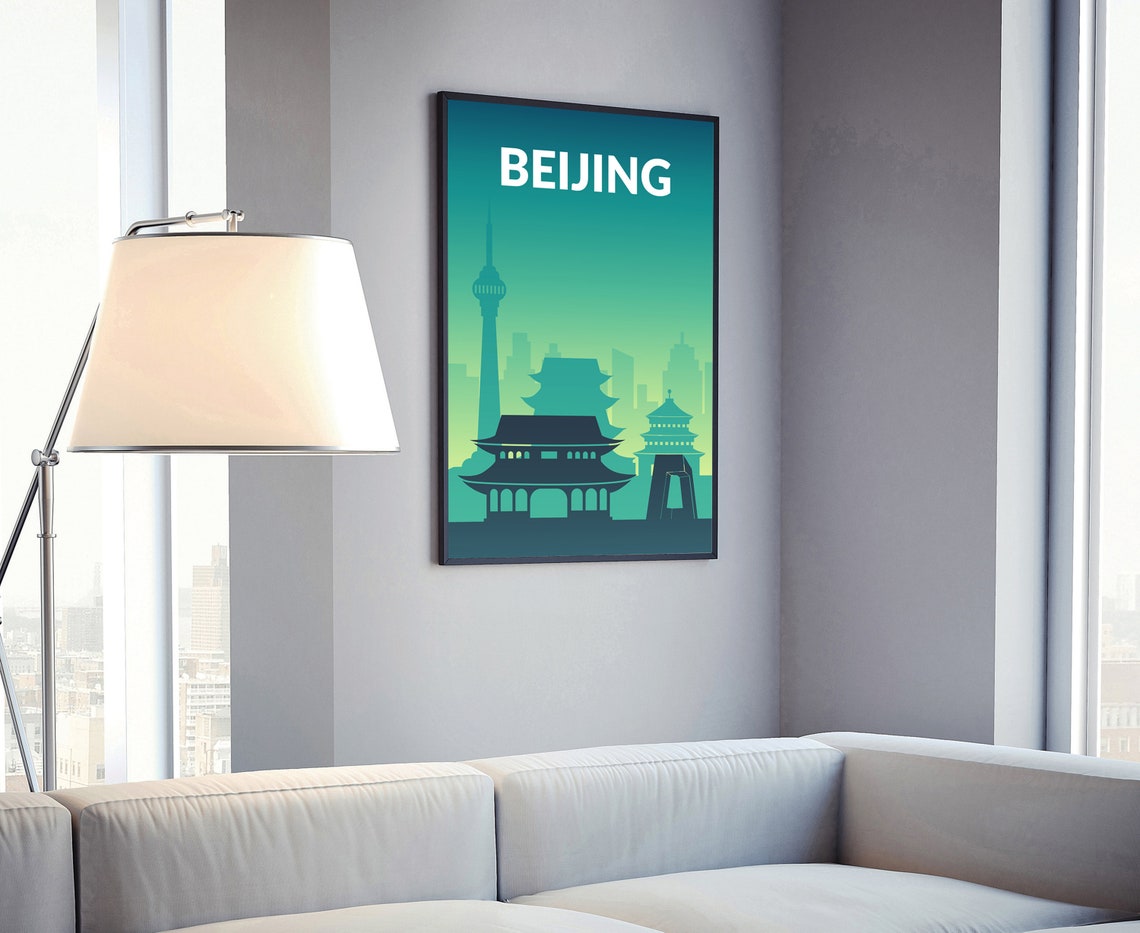 Beijing China Pagoda Tower Skyline Teal Minimalist Travel Poster Art - Image 4
