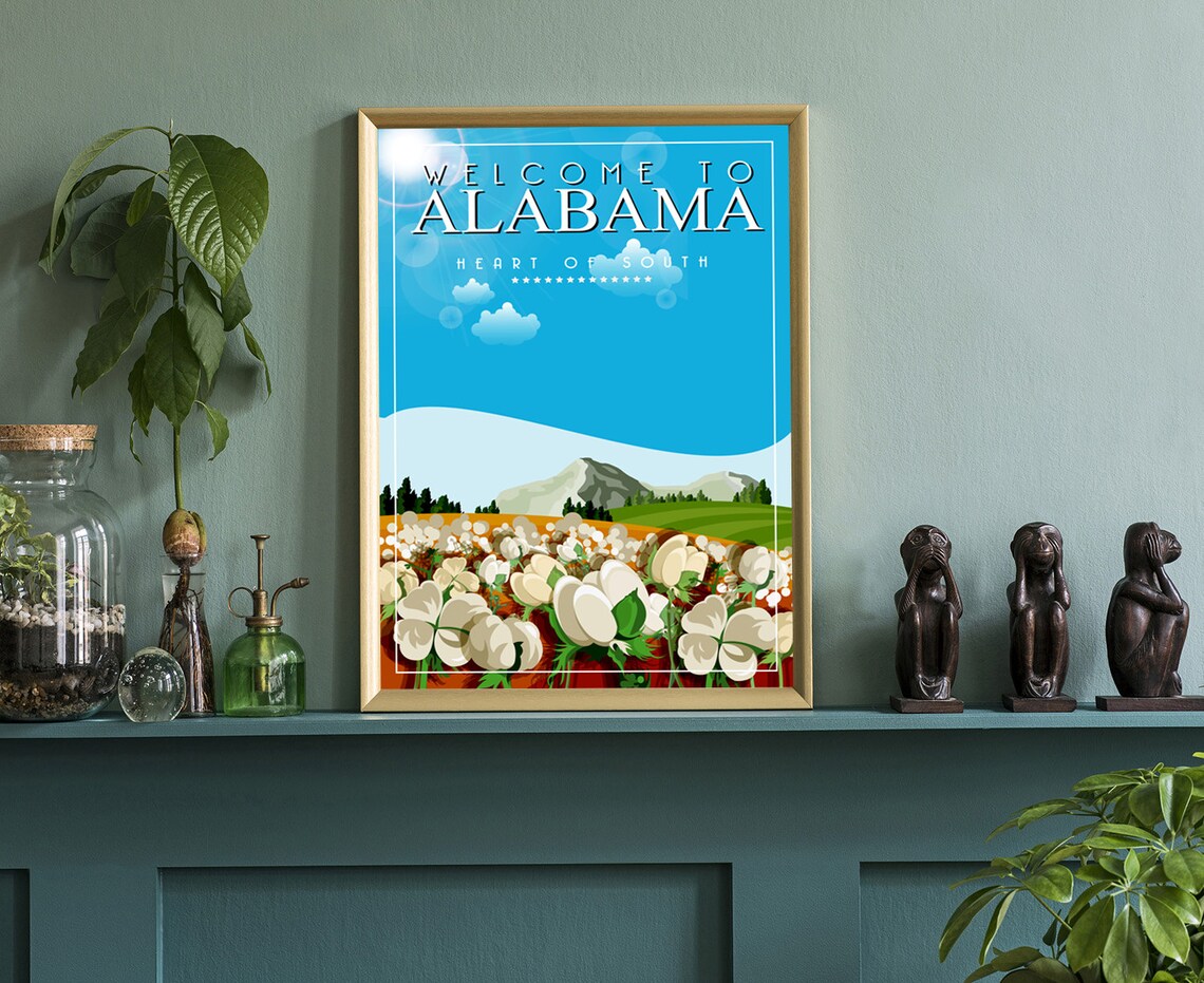 Alabama Heart Of The South Cotton Field Retro Vintage Travel Poster - Image 3