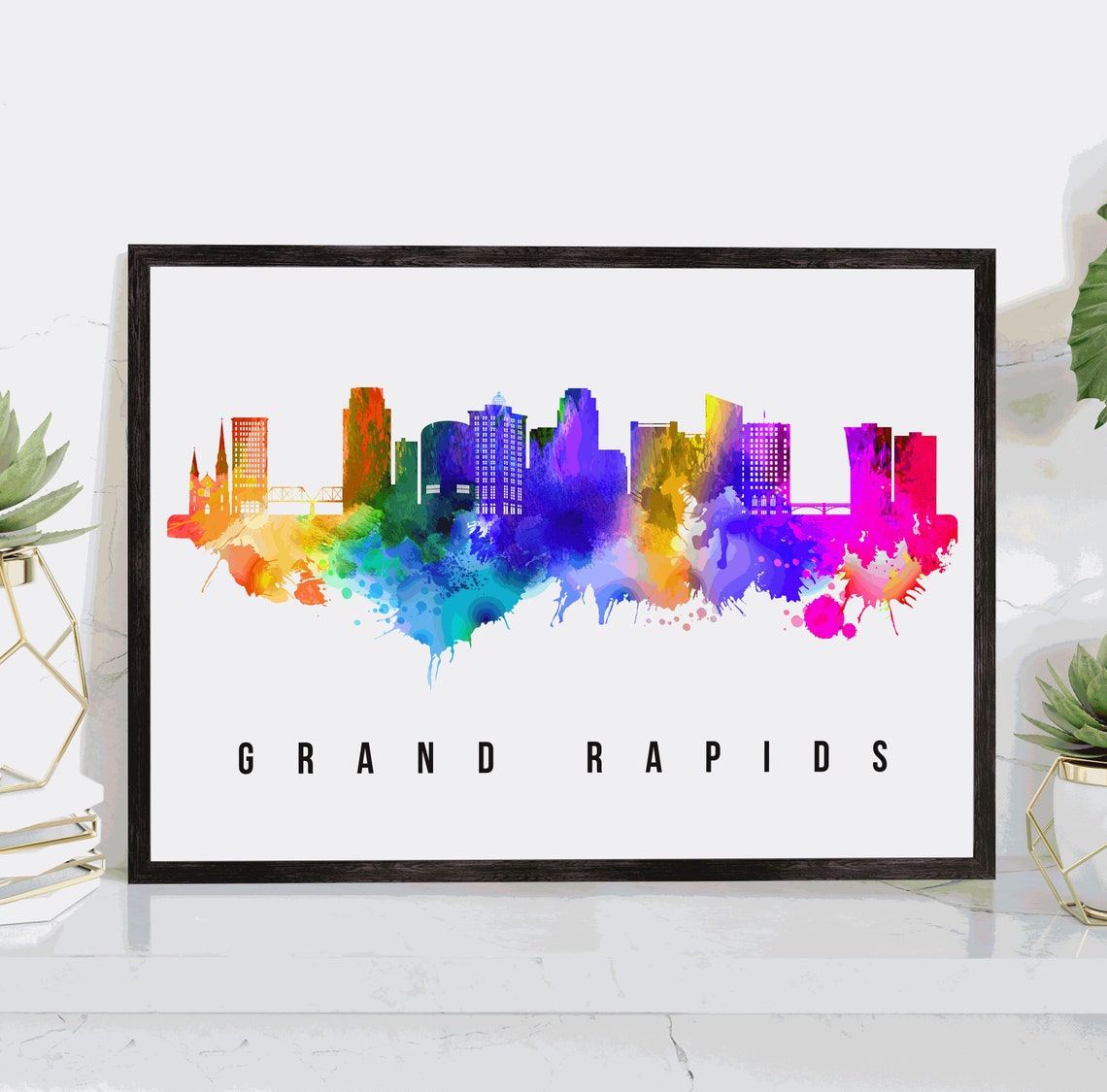 Grand Rapids Skyline Michigan Poster Michigan Cityscape Painting Grand Rapids Michigan Poster Cityscape And Landmark Print Home Wall Art