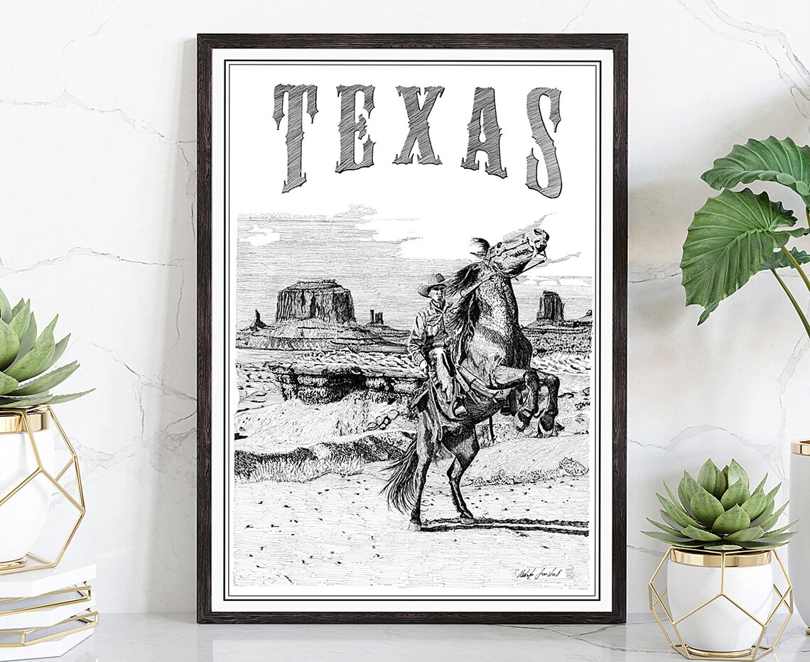 Texas Vintage Cowboy Horseback Desert Engraving Western Art Poster
