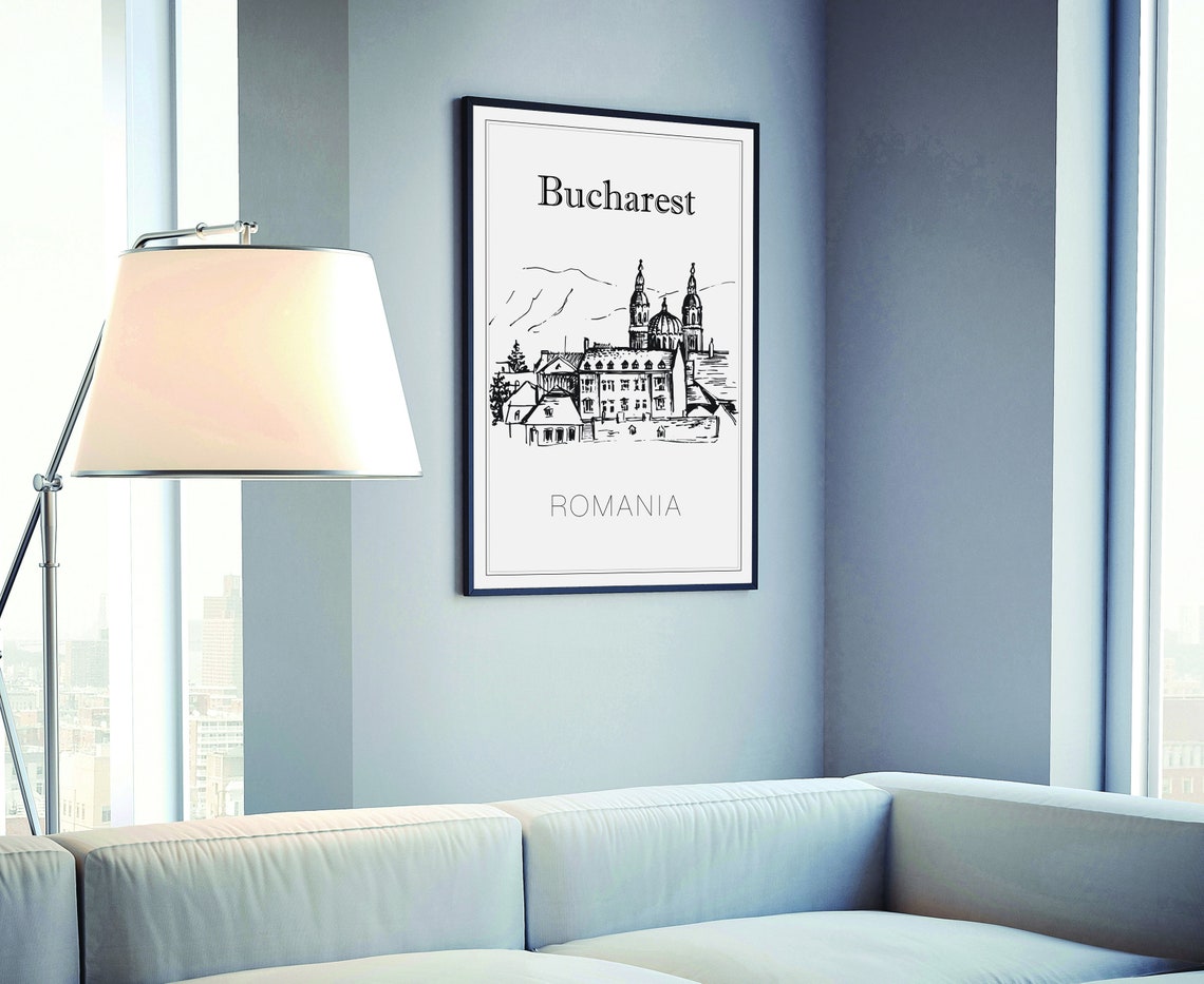 Bucharest Romania Historic Church Dome Twin Towers Sketch Poster - Image 4
