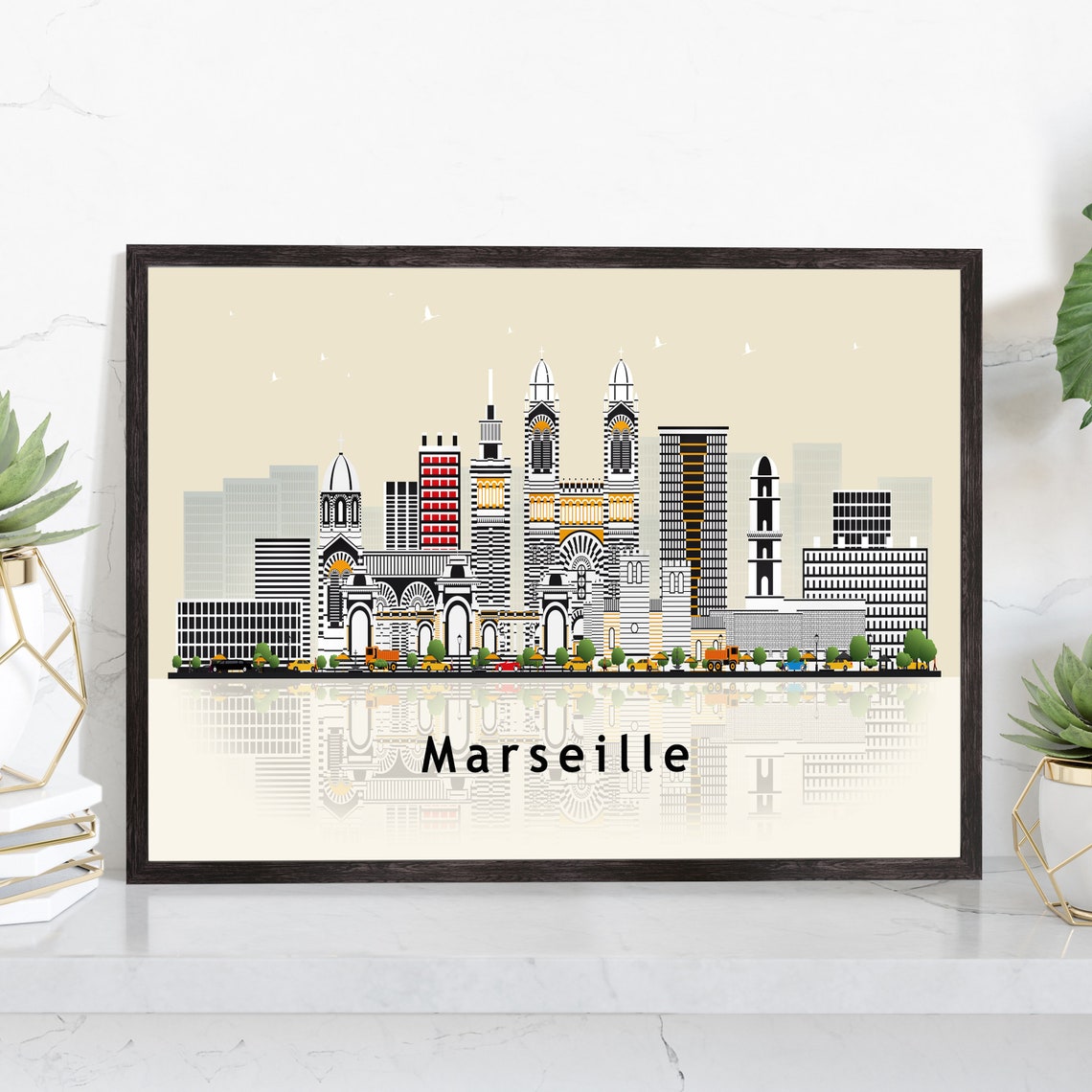 Marseille France Illustration Skyline Poster Modern Skyline Cityscape Poster Print France Landmark Map Poster Home Wall Art Decoration