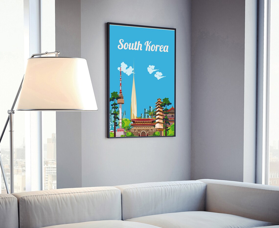 South Korea Travel Poster Seoul Tower Palaces Flat Illustration Art - Image 4