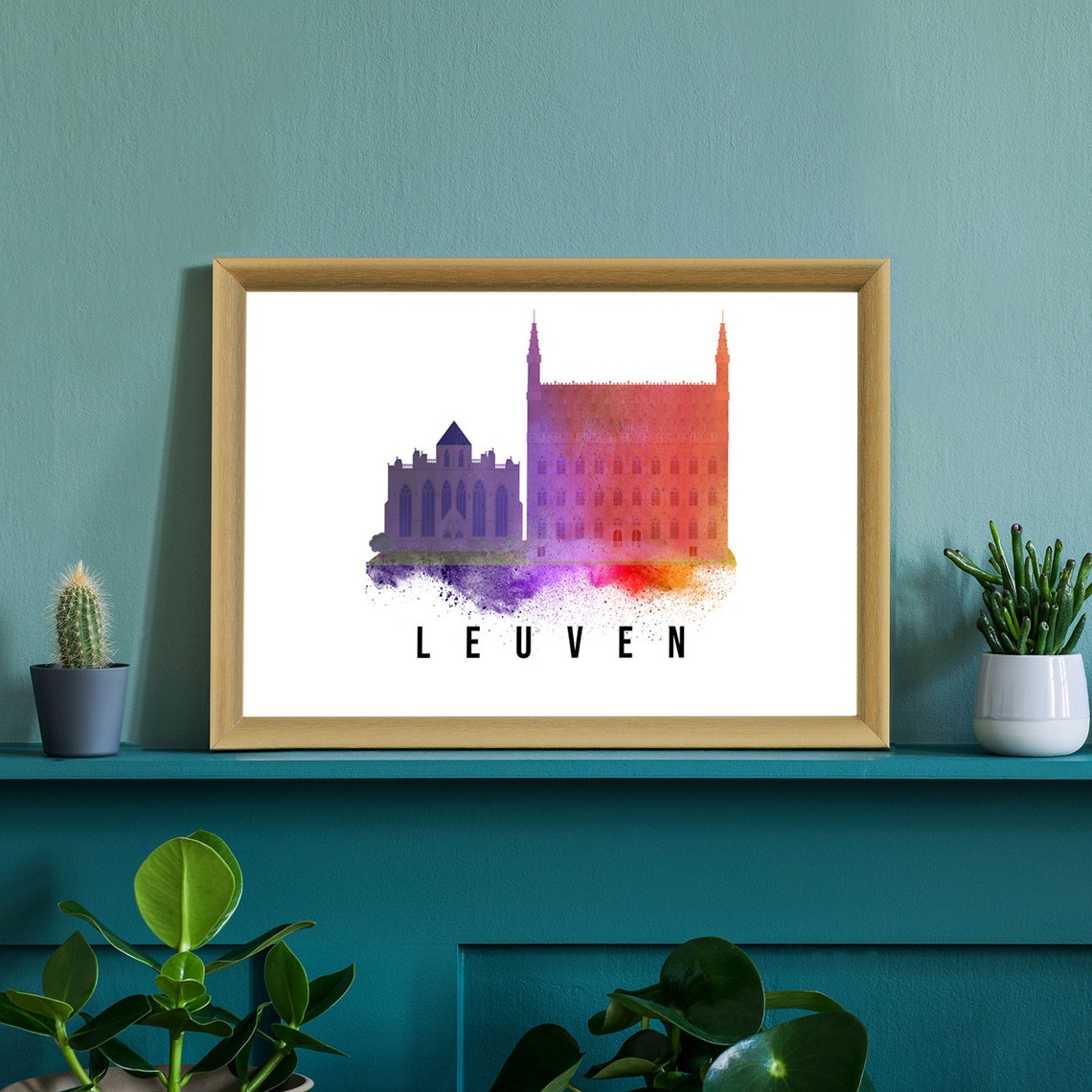Leuven Belgium Purple Orange Watercolor Skyline Landmarks Poster - Image 2