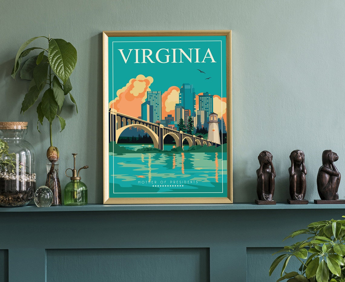 Virginia Mother Of Presidents Retro Cityscape Bridge Travel Poster - Image 3