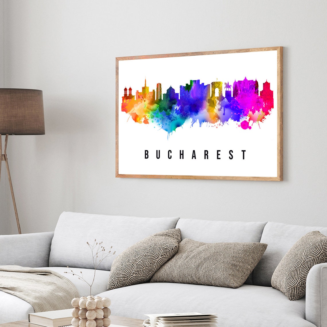 Bucharest Romania Rainbow Watercolor Skyline Domes Arch Poster - Image 3