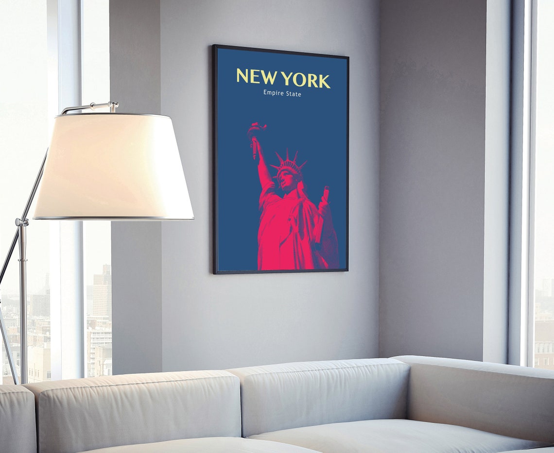 New York Empire State Statue Of Liberty Retro Red Navy Travel Poster - Image 4