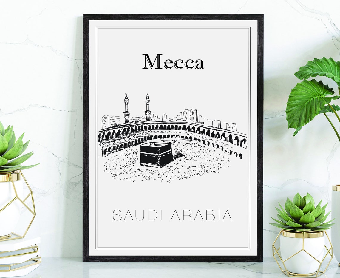Mecca Saudi Arabia Kaaba Grand Mosque Hand Drawn Sketch Travel Poster