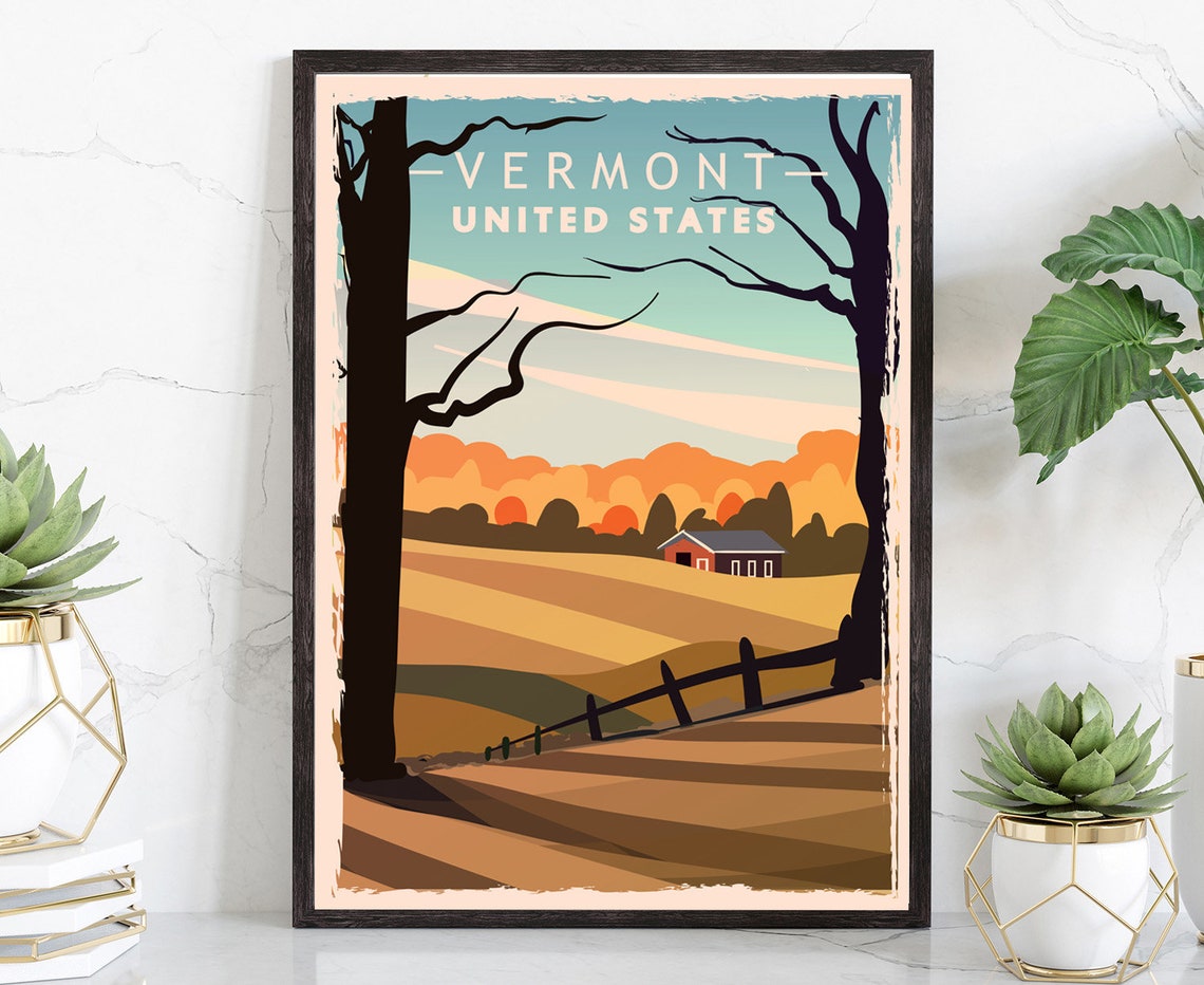 Vermont United States Autumn Farm Red Barn Retro Travel Poster