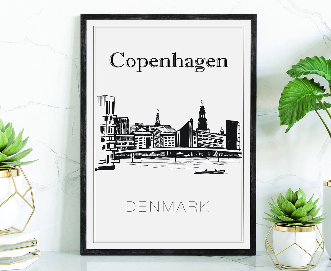 Copenhagen Denmark Hand Drawn Harbor Panorama Sketch Line Art Poster