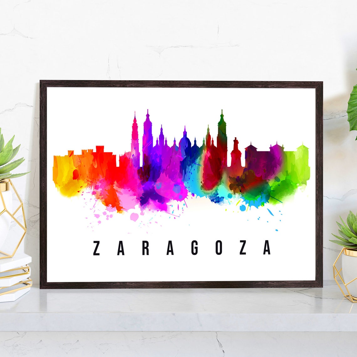 Zaragoza Spain Rainbow Watercolor Skyline Silhouette Art Poster