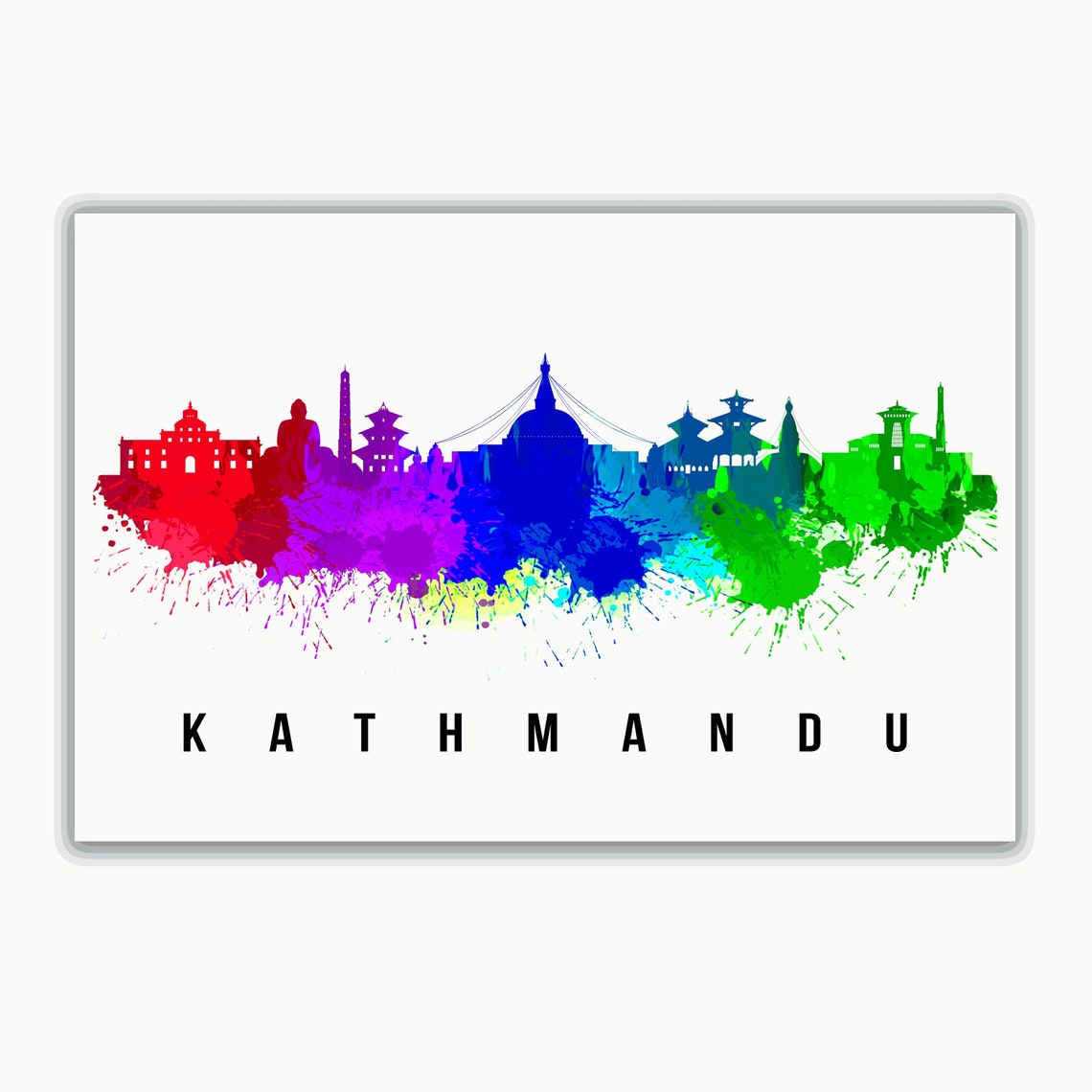 Kathmandu Nepal Stupas Temples Rainbow Watercolor Skyline Poster - Image 2