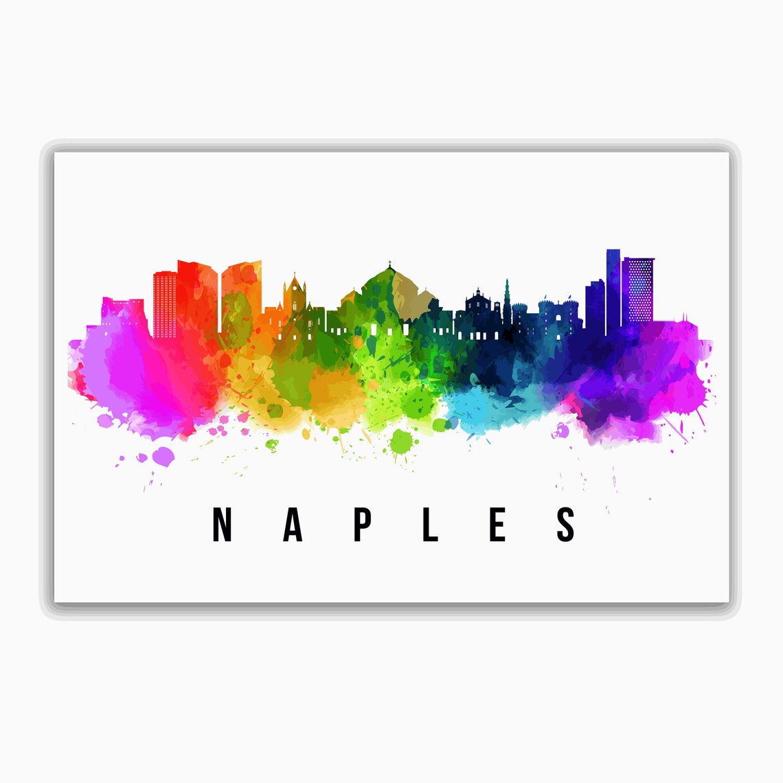 Naples Italy Rainbow Watercolor City Skyline Silhouette Art Poster - Image 2