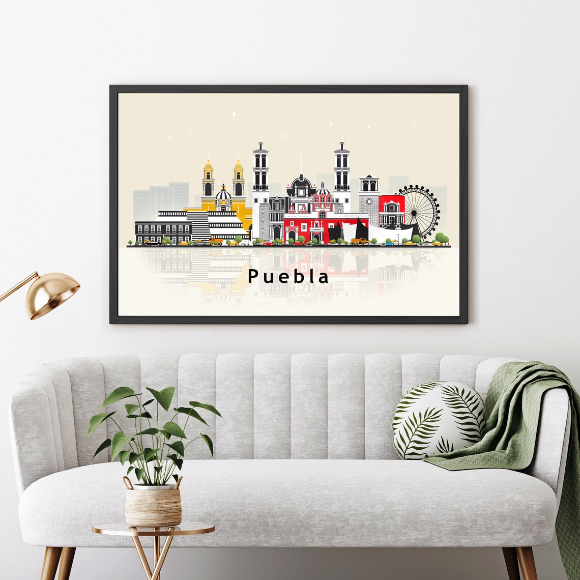 Puebla Mexico Cathedral Skyline Illustration Reflection Wall Art - Image 3
