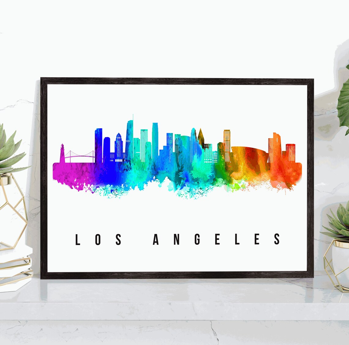Los Angeles California Rainbow Watercolor Skyline Cityscape Poster