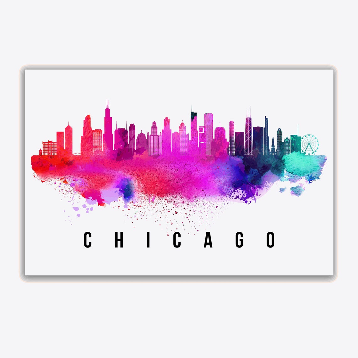 Chicago Illinois Magenta Watercolor Skyline Ferris Wheel Travel Poster - Image 2