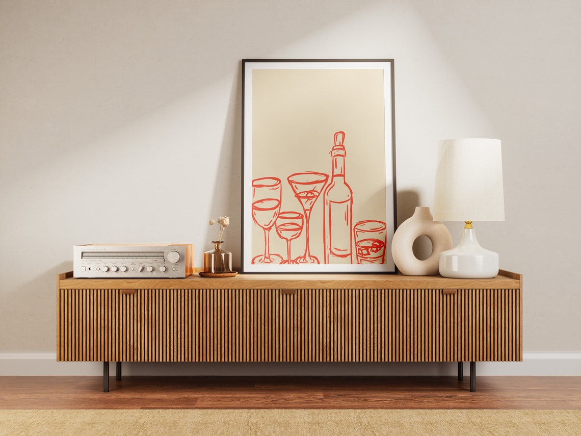Red Line Art Cocktail Glasses Bottle Modern Bar Decor Poster - Image 2