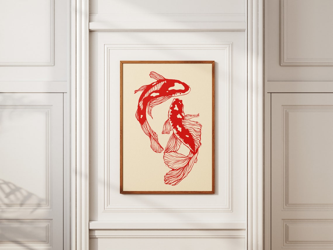 Red Koi Fish Japanese Minimalist Poster, Twin Carp Ink Line Art Decor - Image 2