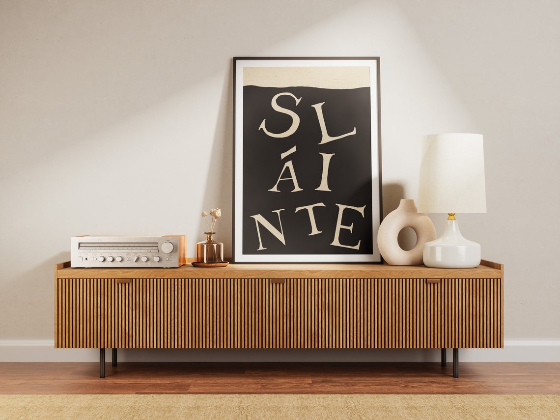 Slainte Irish Cheers Typography Black Cream Home Bar Wall Art - Image 3