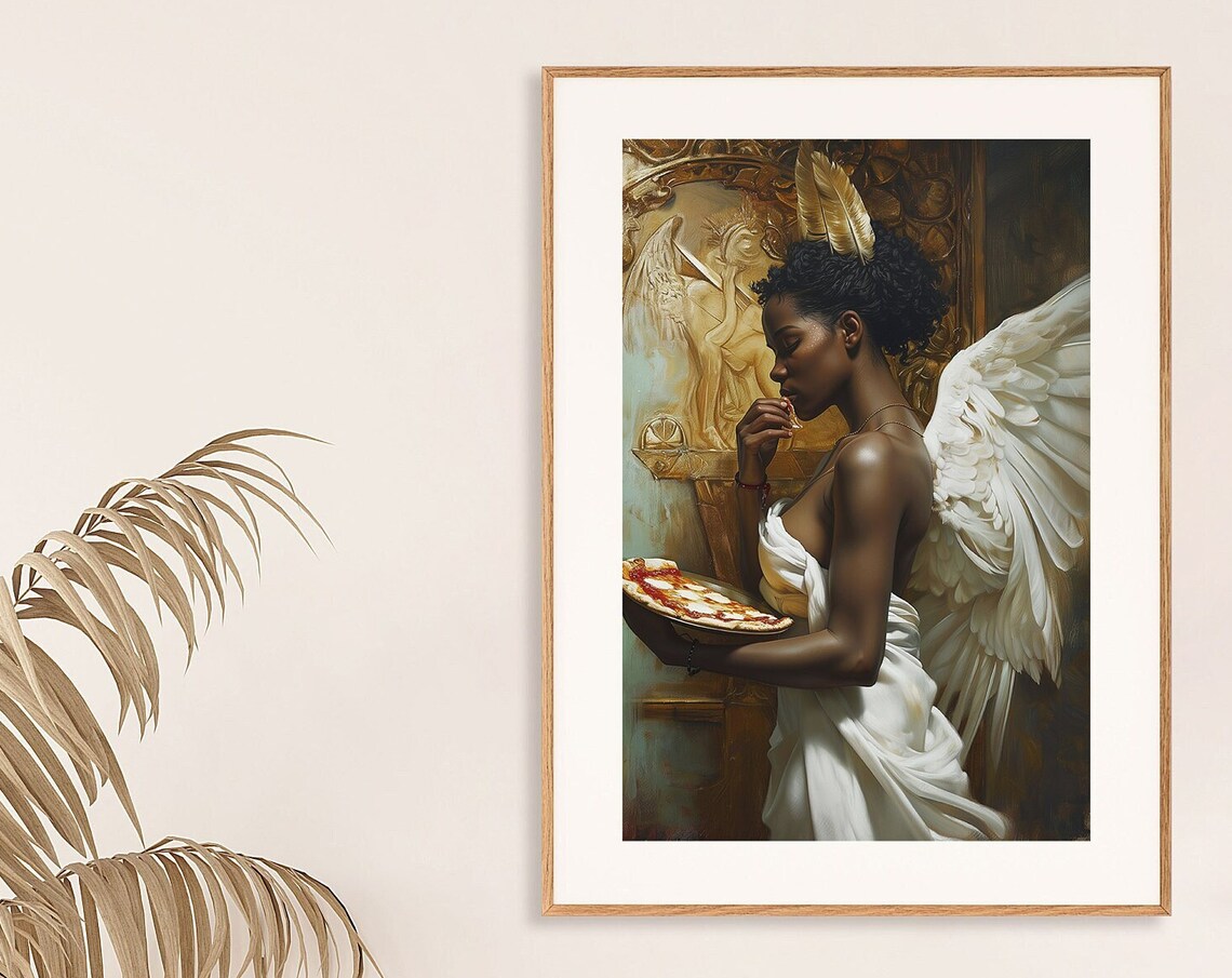 Black Angel Woman Holding Pizza Classical Baroque Oil Painting Poster