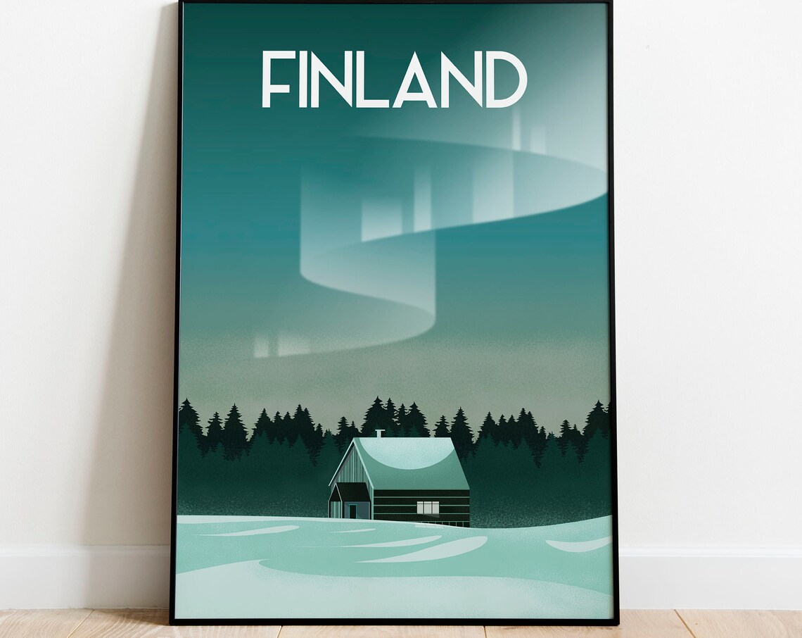Finland Northern Lights Travel Poster with Snowy Cabin Night Scene