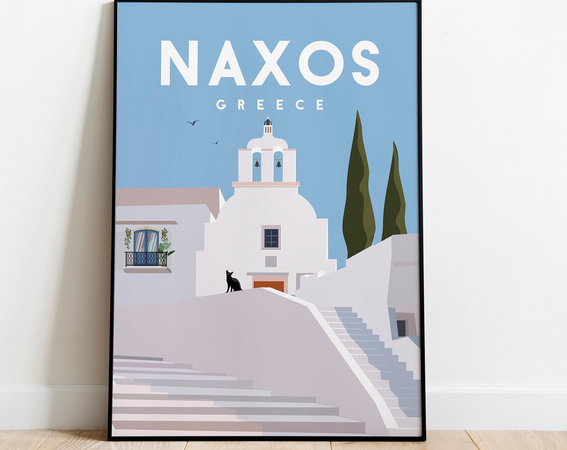 Naxos Greece Travel Poster White Church Island Minimalist Art