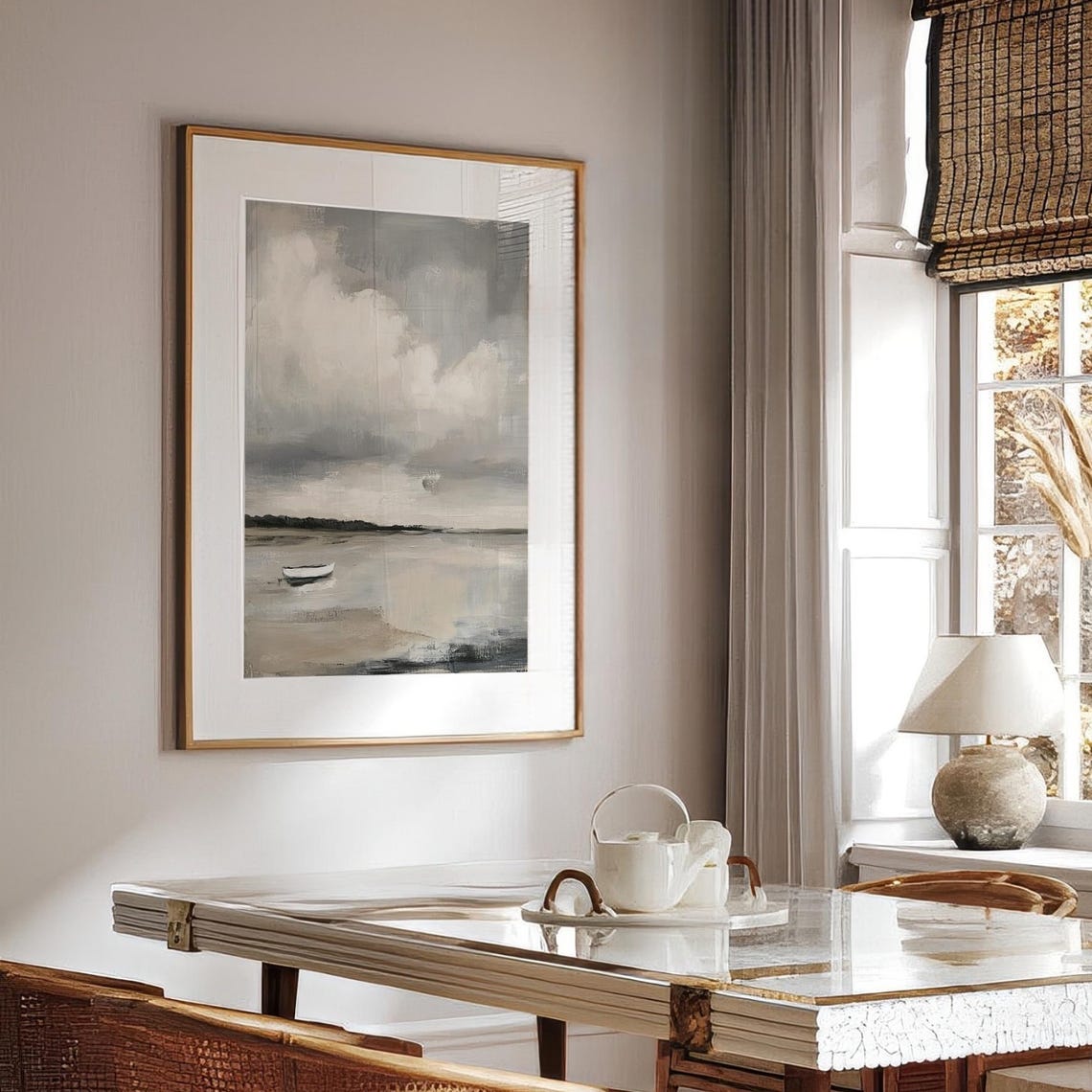 Minimalist Gray Beach Lone White Boat Moody Shore Painting Poster - Image 3