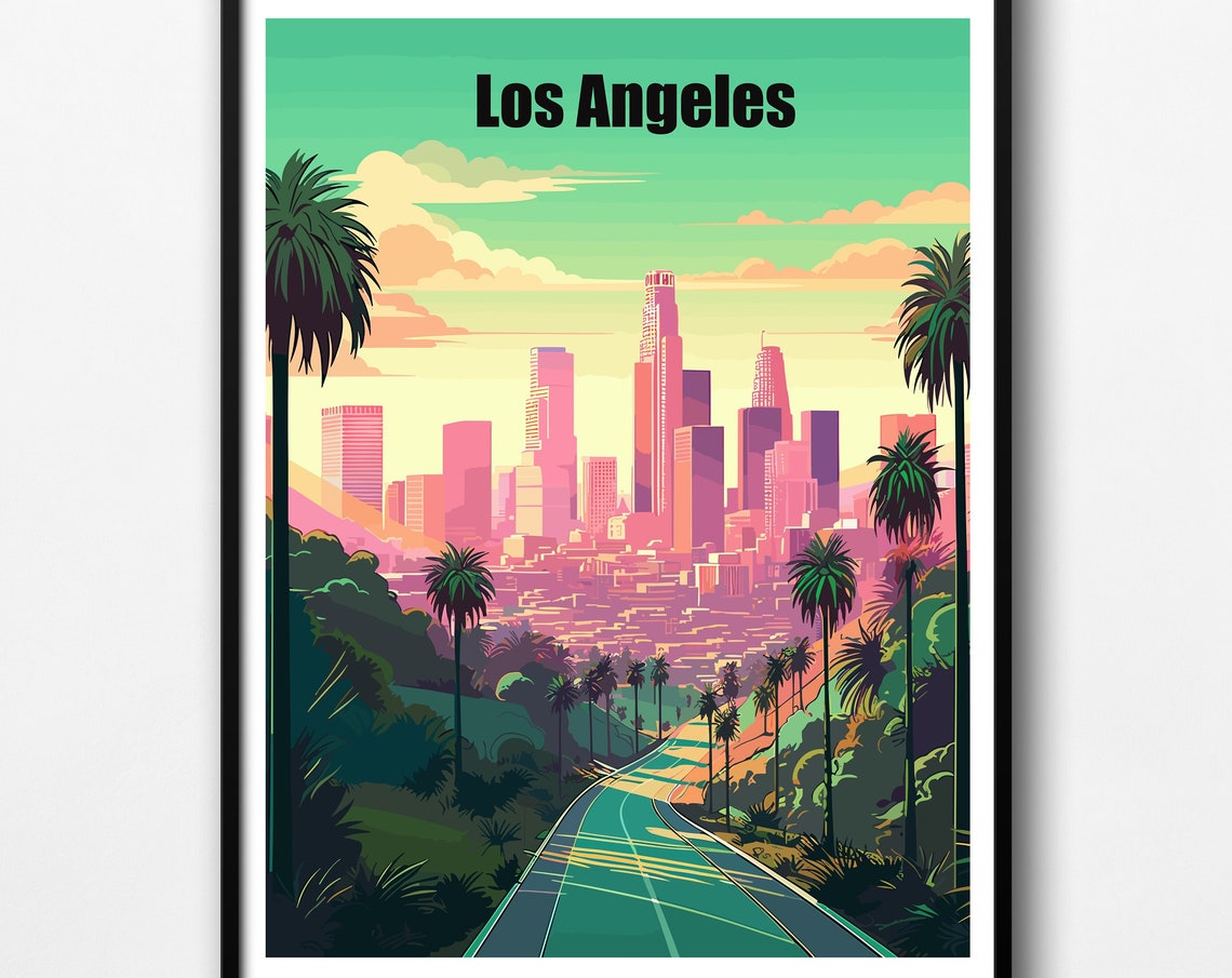 Los Angeles Retro Travel Poster Palm Trees Downtown Skyline Sunset