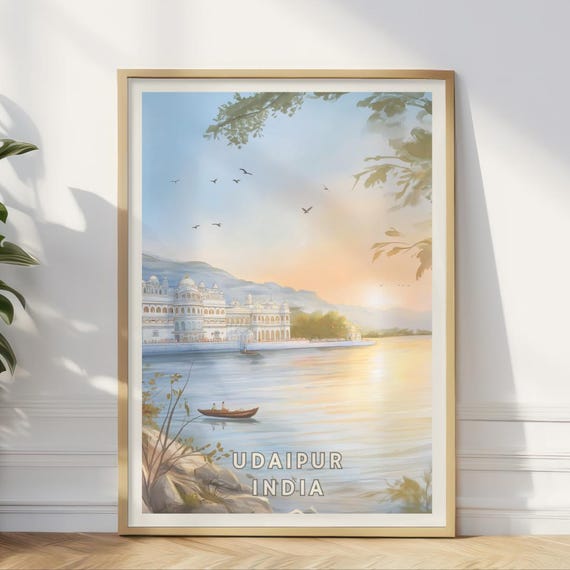 Udaipur India Poster Lake Palace Print Rajasthan Travel Wall Art Sunset Waterfront Decor Scenic Cityscape Artwork India Landscape