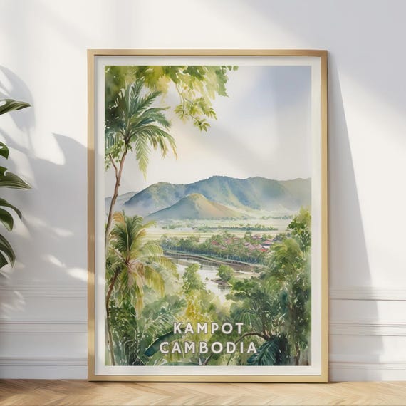 Kampot Cambodia Poster Lush Countryside Wall Art Southeast Asia Landscape Print Tropical River Valley Decor Rural Travel Art