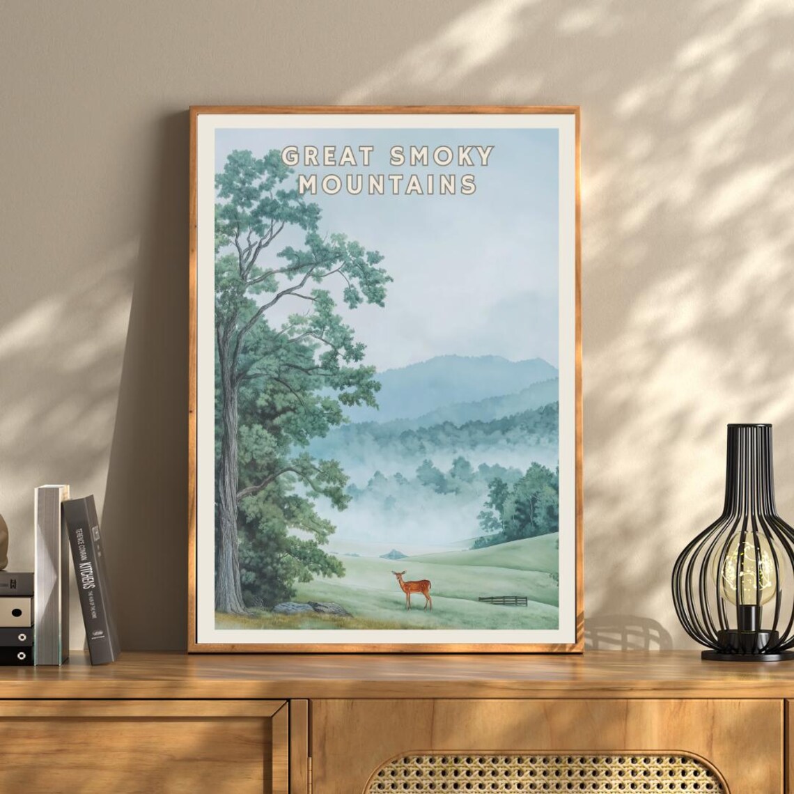 Great Smoky Mountains Misty Ridges With Deer in Meadow Watercolor Poster - Image 3
