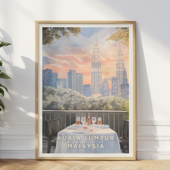 Kuala Lumpur Malaysia Poster Petronas Towers Skyline Print Rooftop Dining Art Romantic City Sunset Urban Travel Decor Modern Wall Art