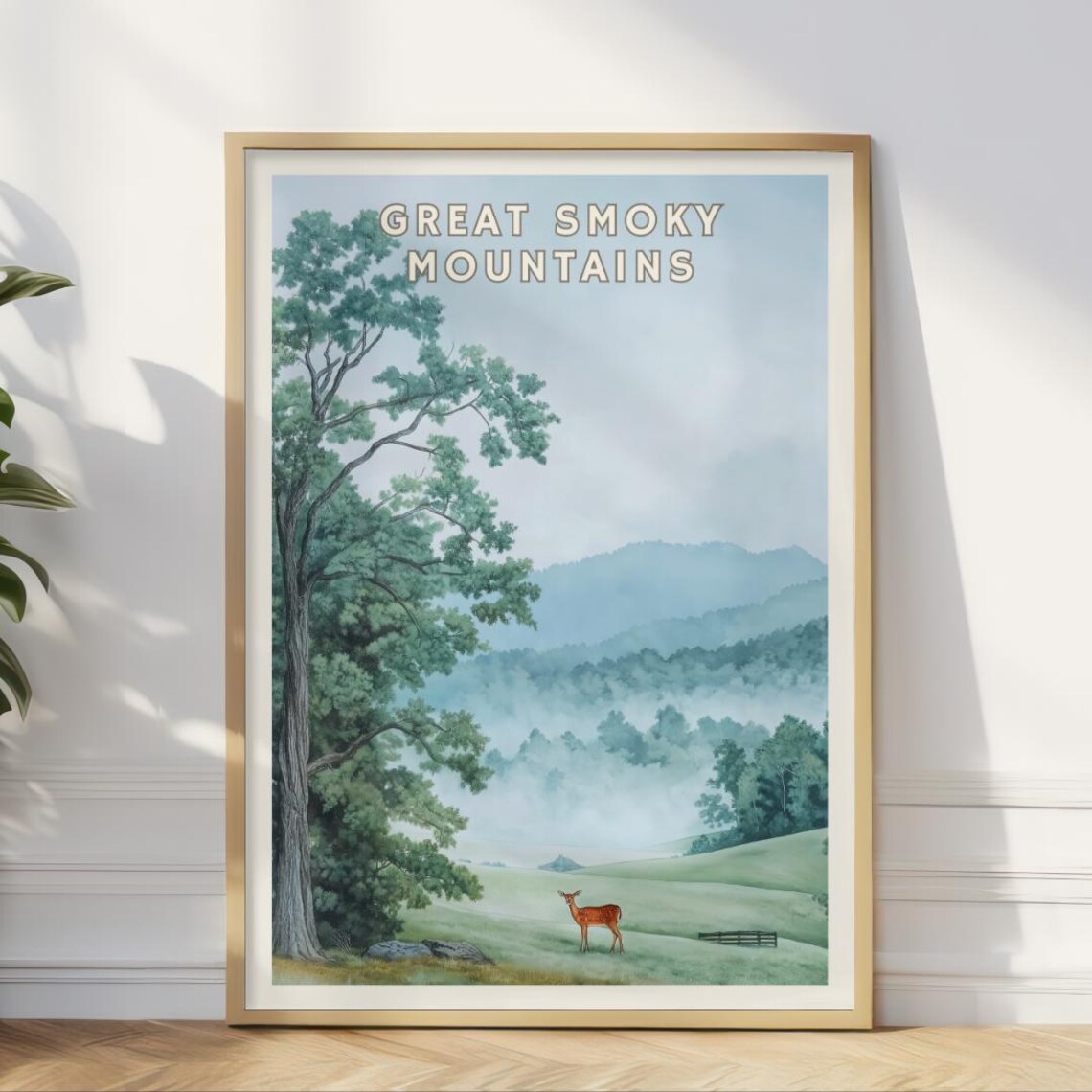 Great Smoky Mountains Misty Ridges With Deer in Meadow Watercolor Poster