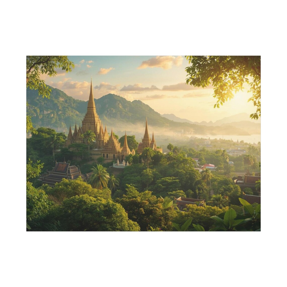 Thai Temple Mountain Sunrise Golden Chedi Tropical Art Poster