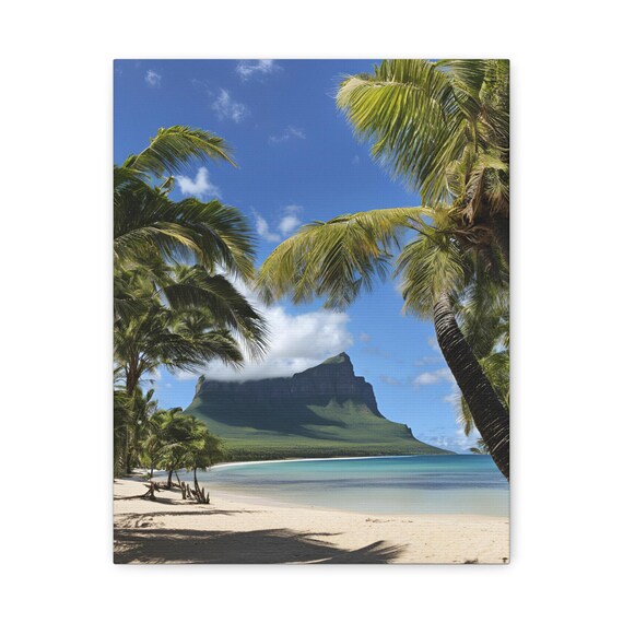 Tropical Beach Palm Trees Lush Green Mountain Ocean View Poster