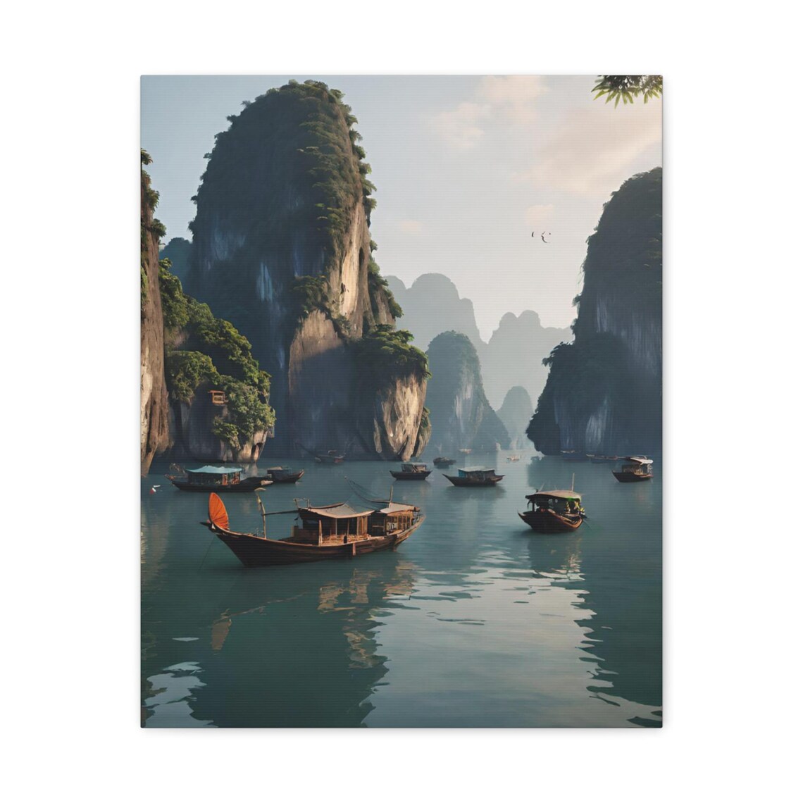 Ha Long Bay Vietnam Karst Cliffs with Wooden Fishing Boats Poster