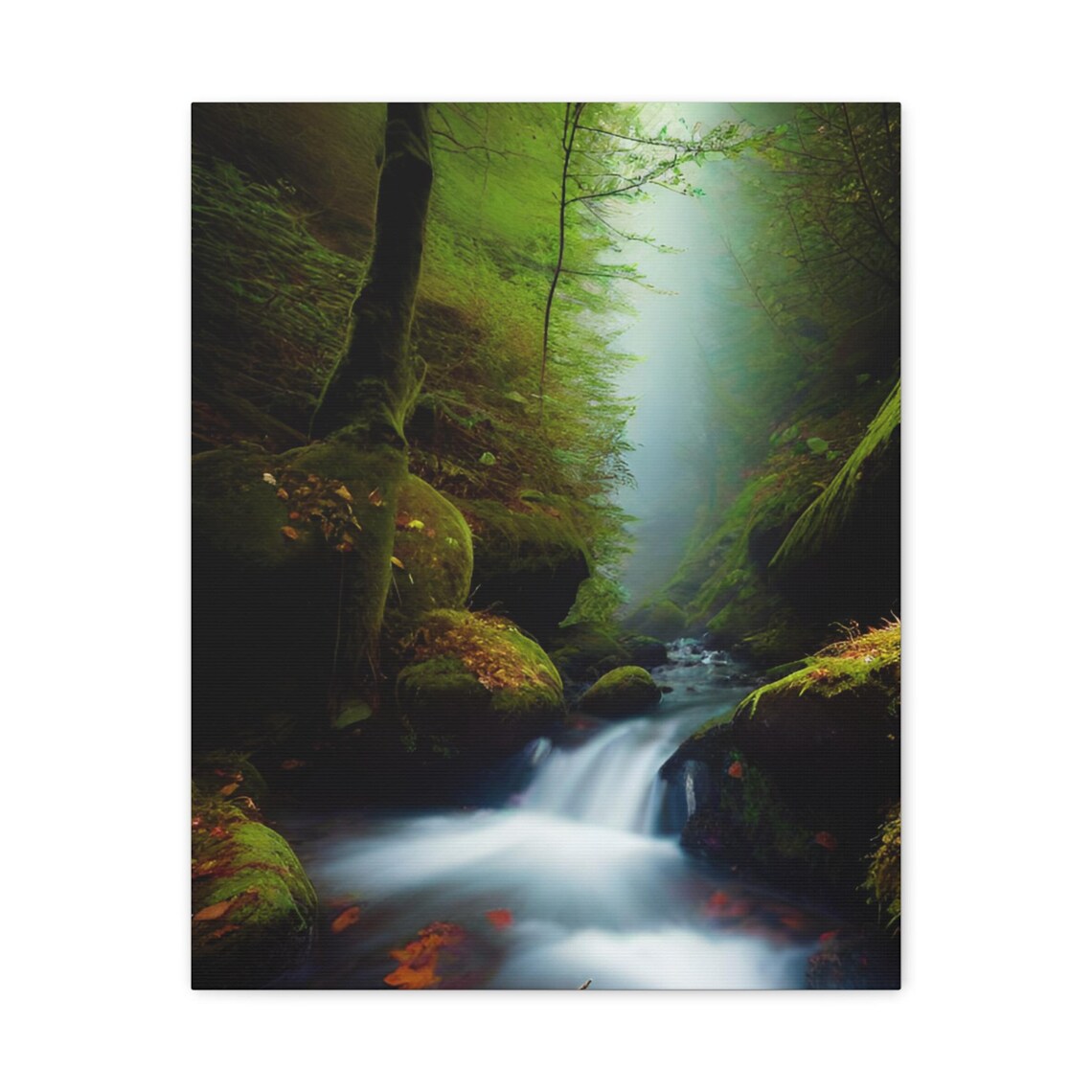 Misty Forest Stream Mossy Rocks Autumn Leaves Nature Art Poster