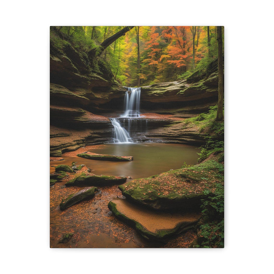 Autumn Waterfall Cascading Through Colorful Forest Canyon Art Poster