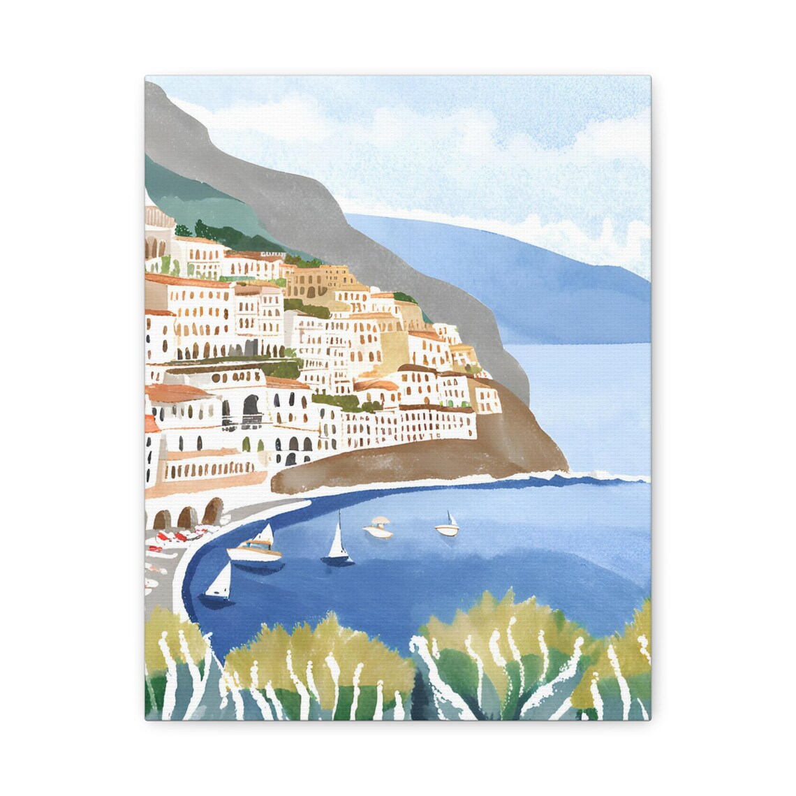 Italian Coastal Village Sailboats Blue Bay Watercolor Travel Poster