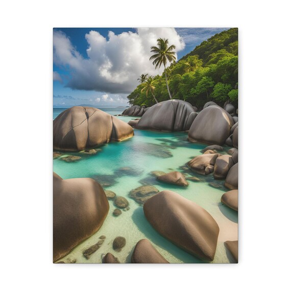 Tropical Lagoon Granite Boulders Turquoise Sea Palm Beach Poster