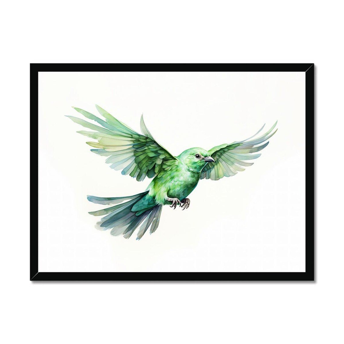 Vibrant Green Bird In Flight Watercolor Flying Bird Nature Poster