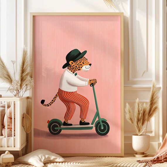 Cheetah On Scooter Wall Art Whimsical Leopard Print Kids Room Decor Eclectic Animal Prints For Boys Playroom Nursery