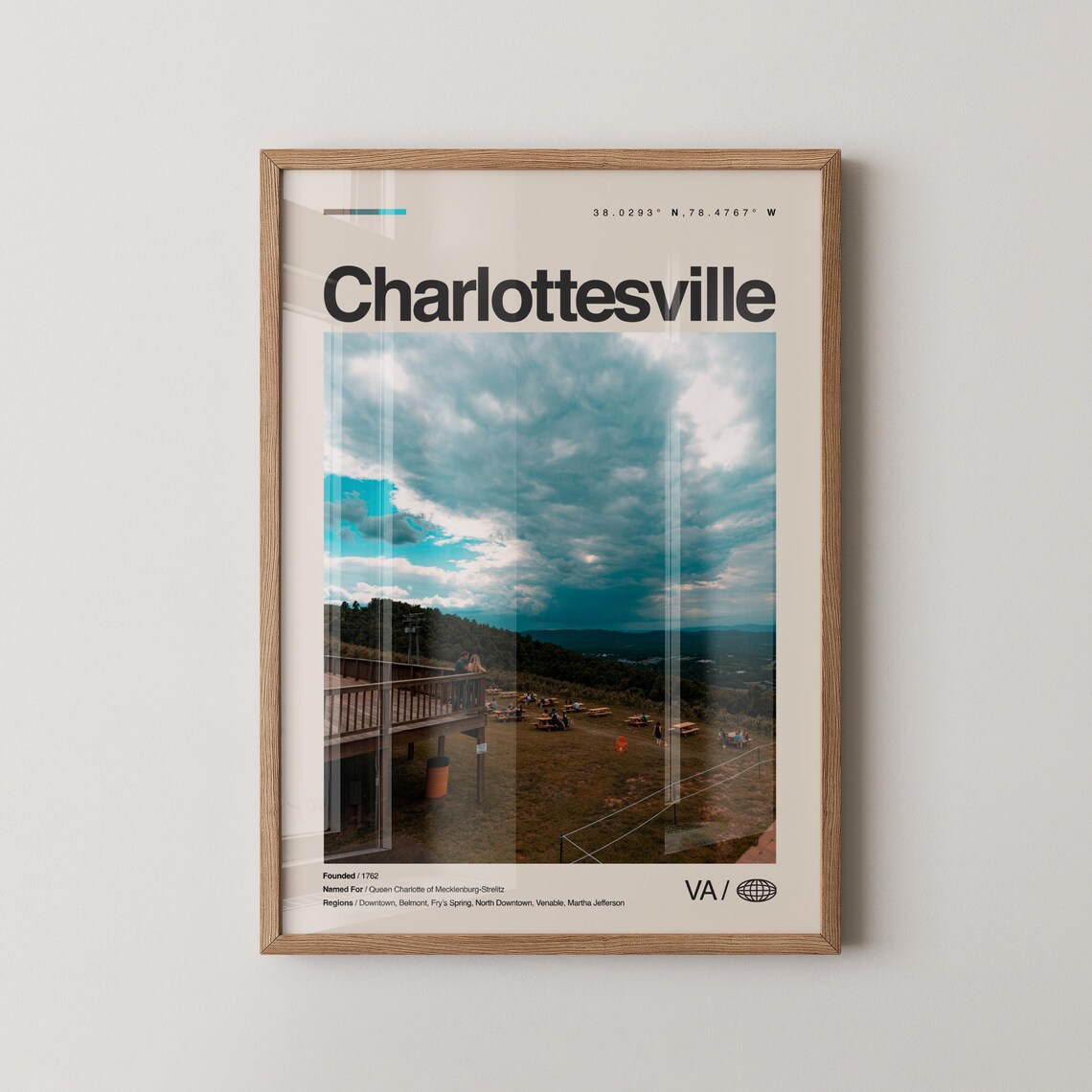 Charlottesville Print Real Photo Travel Art Poster Mid Century Minimal Wall Map Virginia