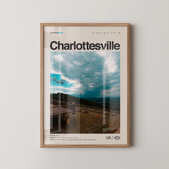 Charlottesville Print Real Photo Travel Art Poster Mid Century Minimal Wall Map Virginia